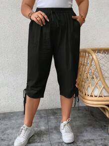 EMERY ROSE Quần Plus Size Dây kéo Thắt nút Túi màu trơn Giải trí - màu đen - Xem 3