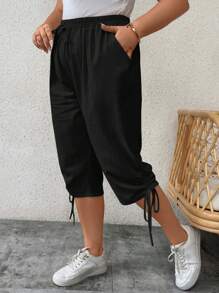 EMERY ROSE Quần Plus Size Dây kéo Thắt nút Túi màu trơn Giải trí - màu đen - Xem 4