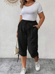 EMERY ROSE Quần Plus Size Dây kéo Thắt nút Túi màu trơn Giải trí - màu đen - Xem 6