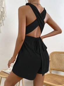 Chiquease 素色肩上打結背心連體短褲 - 黑色 - 查看 2