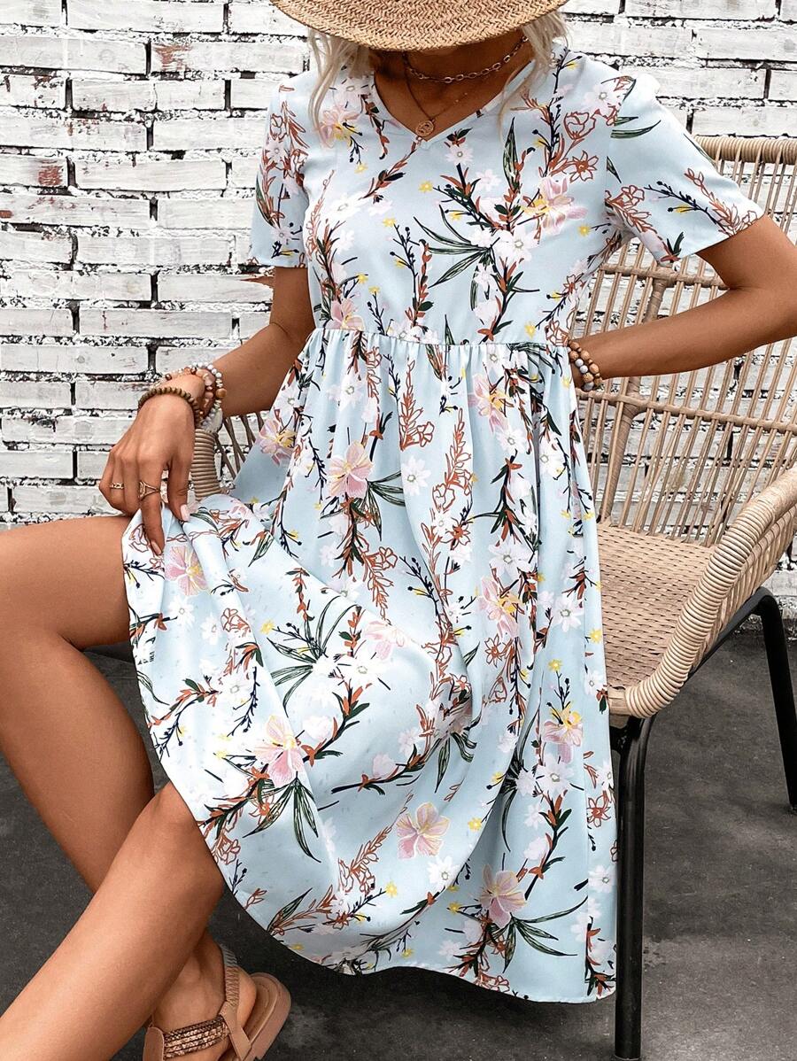SHEIN LUNE Floral Print V Neck Dress - Baby Blue - View 1