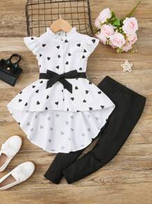 SHEIN Young Girl Heart Printed High Low Shirt With Leggings Set