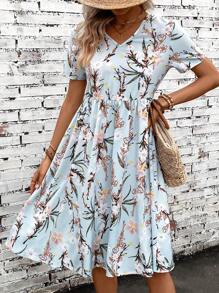 SHEIN LUNE Floral Print V Neck Dress - Baby Blue - View 3