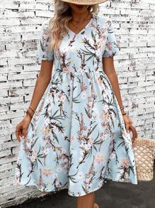 SHEIN LUNE Floral Print V Neck Dress - Baby Blue - View 4