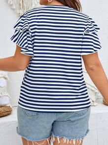 SHEIN LUNE 夏季加大条纹印花蝴蝶袖 T 恤 - 藍白色 - 查看 2