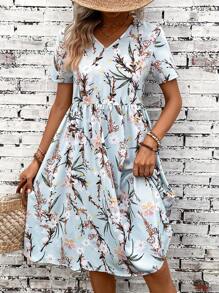 SHEIN LUNE Floral Print V Neck Dress - Baby Blue - View 5