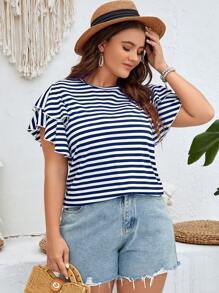 SHEIN LUNE 夏季加大条纹印花蝴蝶袖 T 恤 - 藍白色 - 查看 4