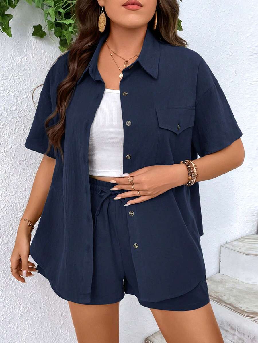 SHEIN LUNE de hombros caídos con diseño de solapa Camisa & con cordón delantero Shorts - Azul Marino - Ver 1