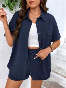 SHEIN LUNE de hombros caídos con diseño de solapa Camisa & con cordón delantero Shorts - Azul Marino - Ver 3