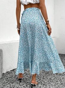 SHEIN VCAY 碎花側打結荷葉邊裹身裙 - 薄荷藍 - 查看 2