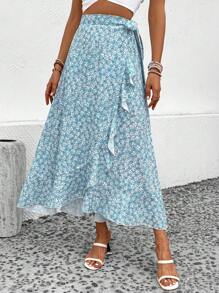 SHEIN VCAY 碎花側打結荷葉邊裹身裙 - 薄荷藍 - 查看 4