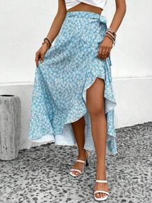 SHEIN VCAY 碎花側打結荷葉邊裹身裙 - 薄荷藍 - 查看 5