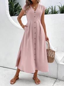 Breezaya Đầm Túi Nút phía trước Uốn nếp màu trơn Giải trí - Hồng - Xem 1