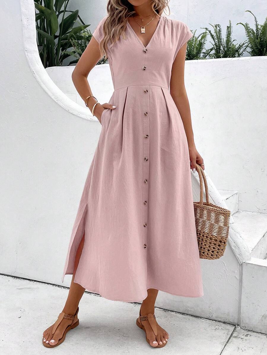 Breezaya Đầm Túi Nút phía trước Uốn nếp màu trơn Giải trí - Hồng - Xem 1