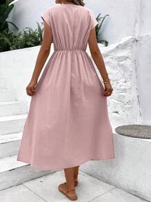 Breezaya Đầm Túi Nút phía trước Uốn nếp màu trơn Giải trí - Hồng - Xem 2
