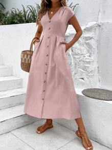 Breezaya Đầm Túi Nút phía trước Uốn nếp màu trơn Giải trí - Hồng - Xem 4