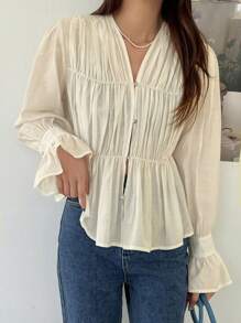 DAZY Flare Sleeve Ruffle Hem Blouse Fall Tops - Yellow - View 3