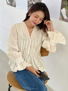 DAZY Flare Sleeve Ruffle Hem Blouse Fall Tops - Yellow - View 4