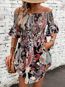 SHEIN VCAY Paisley Print Off Shoulder Flounce Sleeve Blouse - Black - View 1