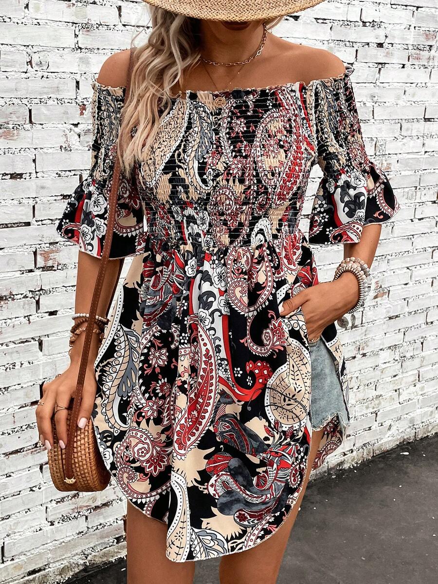 SHEIN VCAY Paisley Print Off Shoulder Flounce Sleeve Blouse - Black - View 1