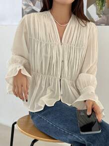 DAZY Flare Sleeve Ruffle Hem Blouse Fall Tops - Yellow - View 5