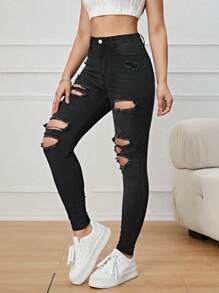 破洞緊身牛仔褲 - 黑色 - 查看 2