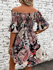 SHEIN VCAY Paisley Print Off Shoulder Flounce Sleeve Blouse - Black - View 2