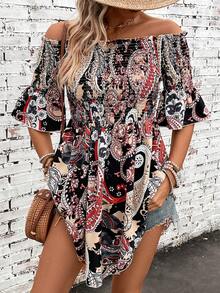 SHEIN VCAY Paisley Print Off Shoulder Flounce Sleeve Blouse - Black - View 3