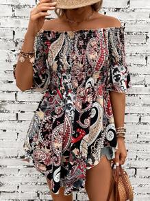 SHEIN VCAY Paisley Print Off Shoulder Flounce Sleeve Blouse - Black - View 4