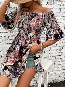 SHEIN VCAY Paisley Print Off Shoulder Flounce Sleeve Blouse - Black - View 5