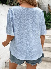 SHEIN LUNE Blusa con estampado de plantas de manga farol - Celeste - Ver 2