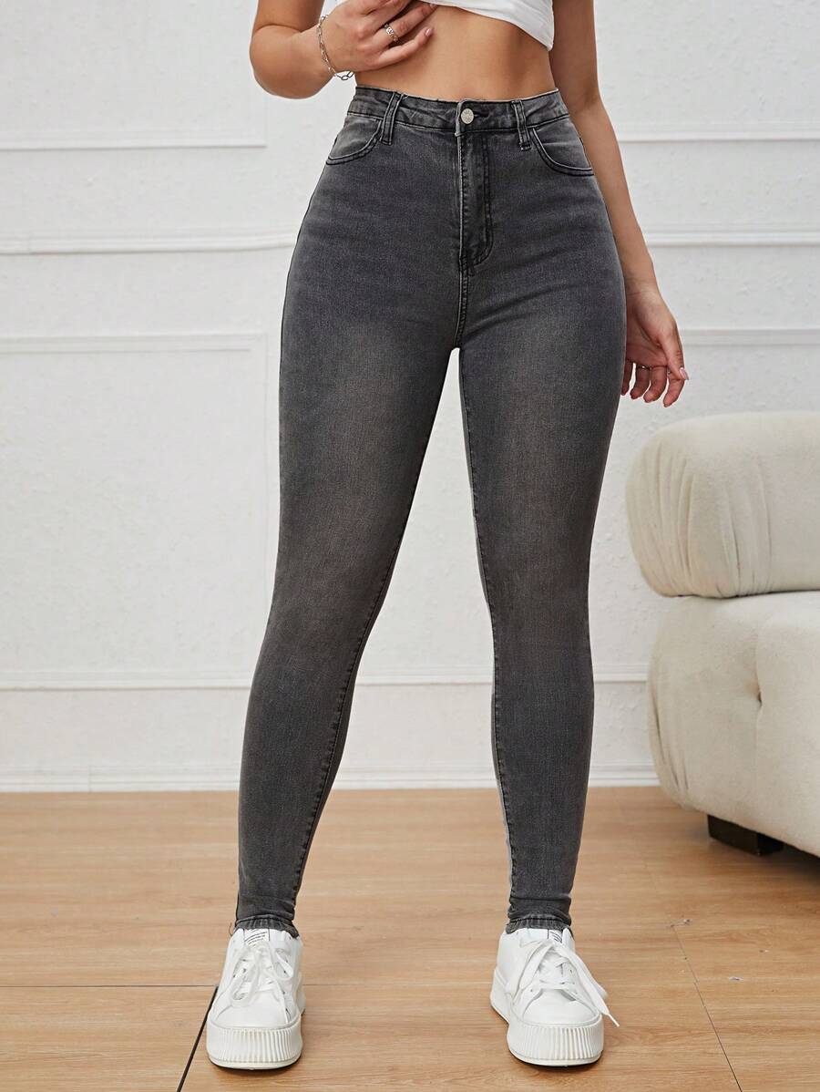 High Waist Skinny Jeans - Dark Grey - View 1