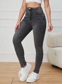 High Waist Skinny Jeans - Dark Grey - View 3