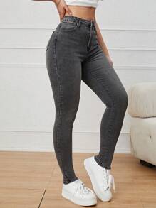 High Waist Skinny Jeans - Dark Grey - View 5