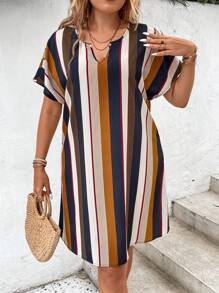 SHEIN LUNE Dress Ukuran Plus Striped Casual - MultiWarna - View 1