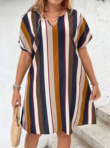 SHEIN LUNE Dress Ukuran Plus Striped Casual - MultiWarna - View 4