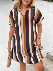 SHEIN LUNE Dress Ukuran Plus Striped Casual - MultiWarna - View 5