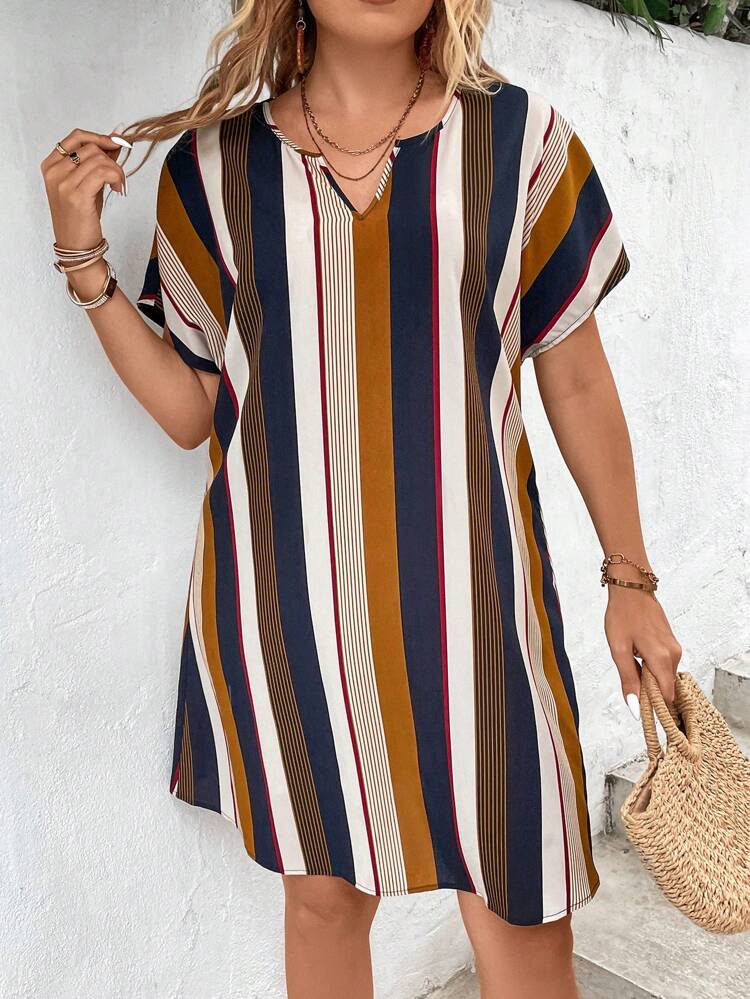 Plus Size Women Striped V-Neck Batwing Short Sleeve Casual Loose Straight Dress