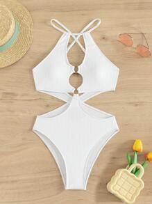 Bộ đồ bơi một mảnh hở vai hở vòng, dành cho kỳ nghỉ hè ở bãi biển - trắng - Xem 3