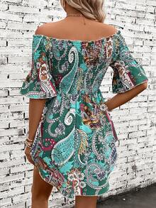 SHEIN VCAY Áo sơ mi nữ Dải chun Paisley Boho - màu xanh lá - Xem 2
