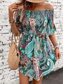 SHEIN VCAY Áo sơ mi nữ Dải chun Paisley Boho - màu xanh lá - Xem 3