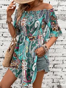 SHEIN VCAY Áo sơ mi nữ Dải chun Paisley Boho - màu xanh lá - Xem 4