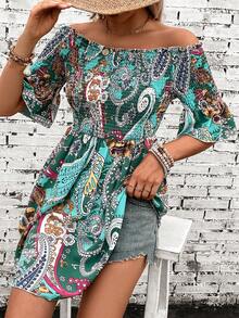 SHEIN VCAY Áo sơ mi nữ Dải chun Paisley Boho - màu xanh lá - Xem 5