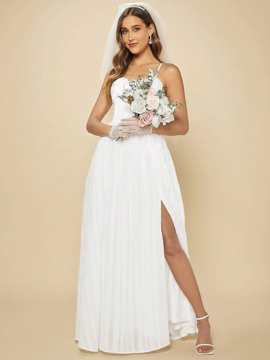 SHEIN Belle 高衩緊身上衣吊帶婚紗連衣裙不附面紗 - 白色 - 查看 1