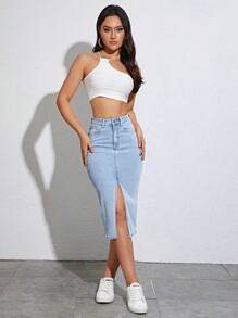 Jeanoix Split Thigh Denim Skirt - Light Wash - View 5