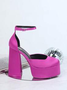 Satin Round Toe Ankle Strap Pump Heels - Violet Purple - View 2