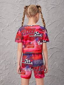 SHEIN Girls Letter Graphic Crop Tee & Biker Shorts - Multicolor - View 2