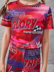SHEIN Girls Letter Graphic Crop Tee & Biker Shorts - Multicolor - View 3
