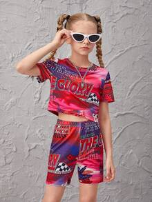 SHEIN Girls Letter Graphic Crop Tee & Biker Shorts - Multicolor - View 4