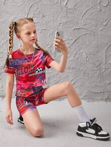 SHEIN Girls Letter Graphic Crop Tee & Biker Shorts - Multicolor - View 5
